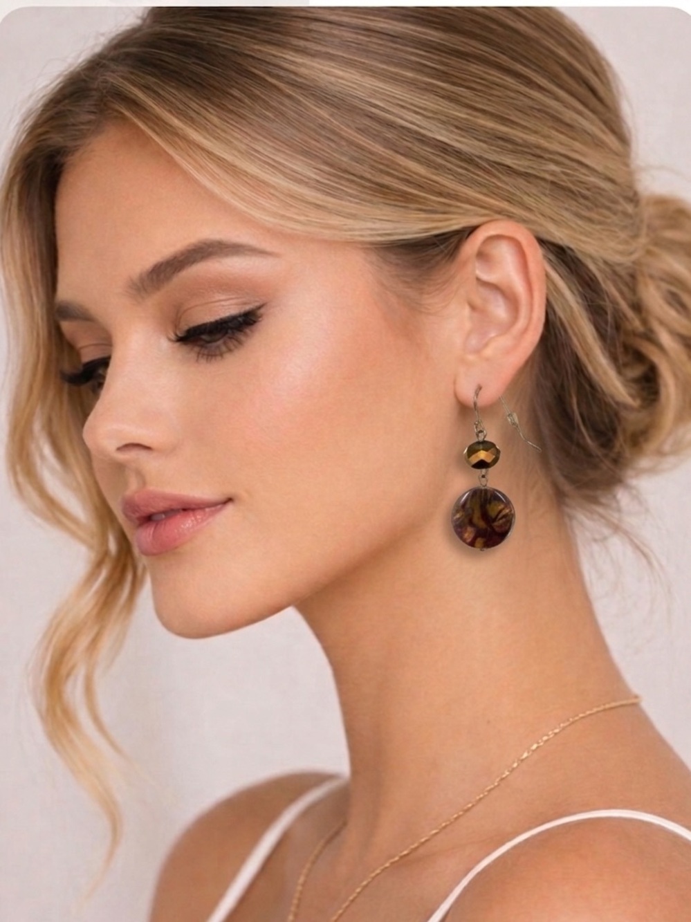 Hand Crafted Beaded Stone Earrings Boho Wire Dangle Gold Brown Bronze Multicolor